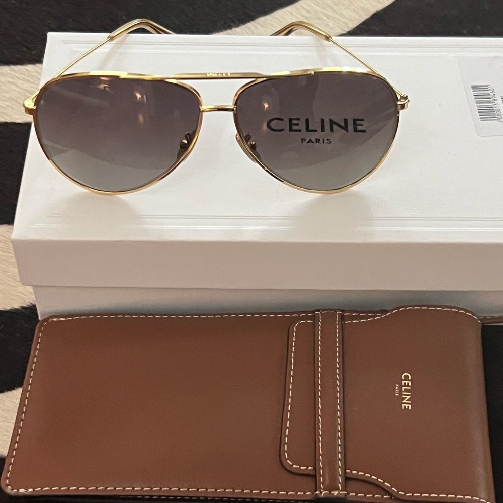 Authentic Celine Gold Aviator Sunglasses with Leather Necklace Pouch